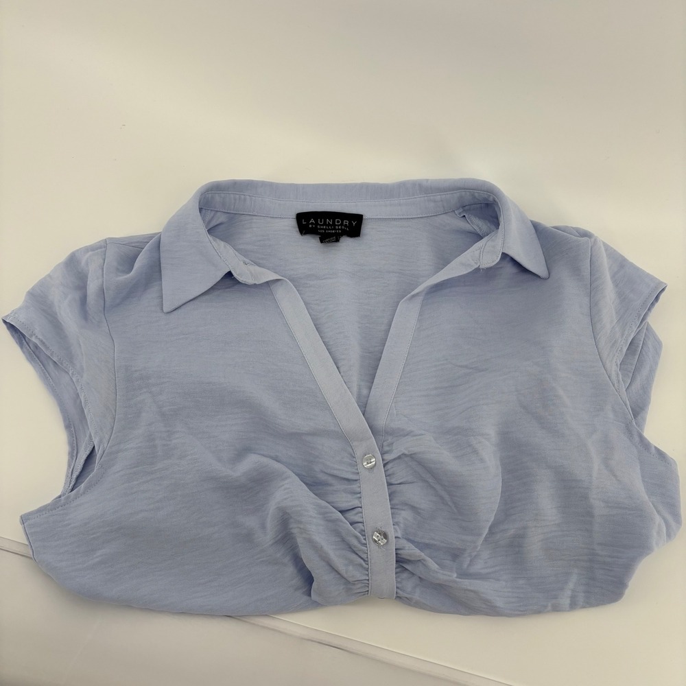 Laundry by Shelli Segal Blouse Womens L Blue Excellent Ruched Cap Sleeve V-Neck